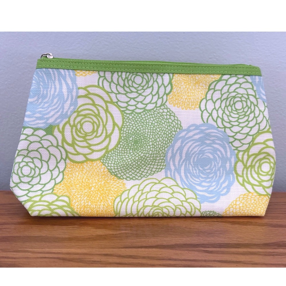 Clinique‎ Cosmetic Bag Set 2 Floral Pink Green Canvas Makeup Pouches Zippered